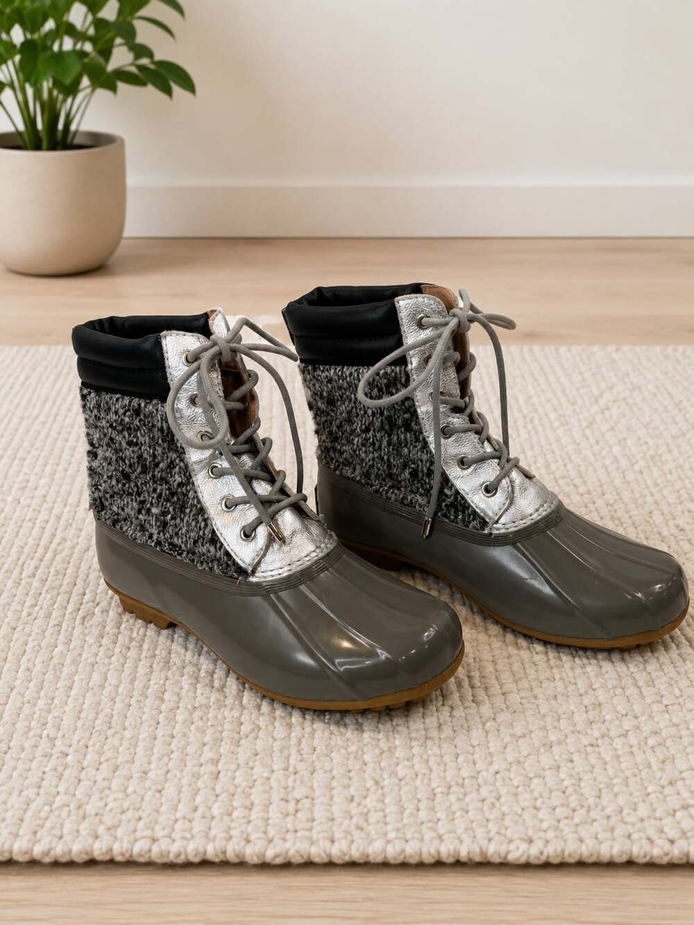 Sam Edelman Gray Duck Rain Boots Tweed Metallic Lace Up Women’s Size 6